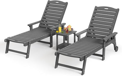 LUE BONA HDPS Chaise Lounge Chairs Set with Table, 3-Piece, Outdoor Pool Lounge Chair with Adjustable Backrest, Resin Patio Lounge Chairs with Wheels for Outside, Dark Gray