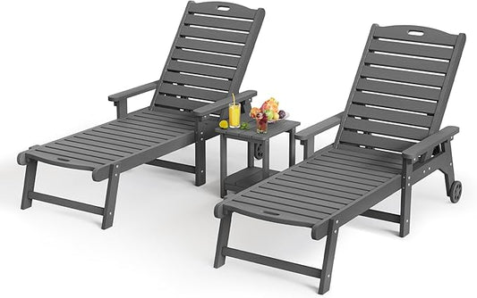 LUE BONA HDPS Chaise Lounge Chairs Set with Table, 3-Piece, Outdoor Pool Lounge Chair with Adjustable Backrest, Resin Patio Lounge Chairs with Wheels for Outside, Dark Gray