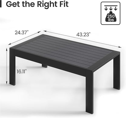 All-Weather Aluminum Outdoor Coffee Table, Modern Rectangle Patio Coffee Table for Balcony Garden, Deep Grey