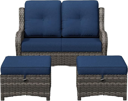 3-Piece Outdoor Couch Set, 1 Wicker Patio Loveseat with Thickened Olefin Cushions, High Back and Deep Seating, Hand-Woven PE Rattan and 2 Ottomans, Patio Conversation Set for Porch, Deck