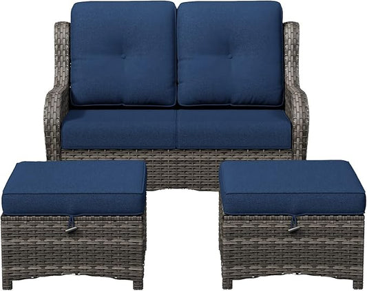 3-Piece Outdoor Couch Set, 1 Wicker Patio Loveseat with Thickened Olefin Cushions, High Back and Deep Seating, Hand-Woven PE Rattan and 2 Ottomans, Patio Conversation Set for Porch, Deck