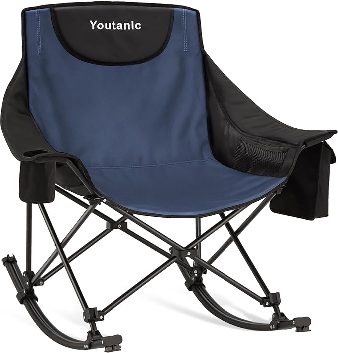 Oversized Folding Rocking Camping Chair, Padded Portable Rocking Chair with Pockets, Cup Holder and Carry Bag, Heavy Duty Outdoor Rocker Patio Chair for Garden, Lawn, Up to 400lbs, Navy Blue
