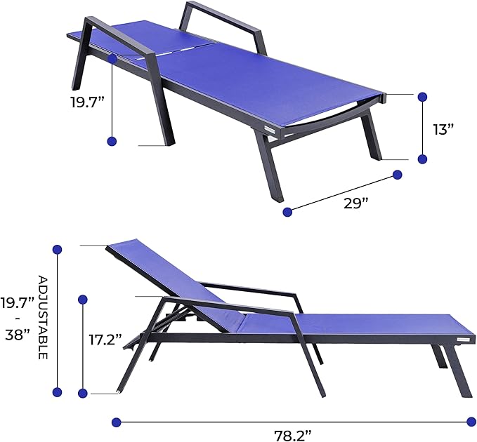 LeisureMod Marlin Patio Chaise Lounge Chair, Adjustable Outdoor Black Aluminum Lounge with Breathable Mesh Sling Back, Lightweight Poolside Reclining Sun Lounger Weather & UV Resistant (Navy Blue)
