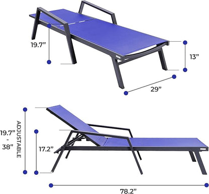 LeisureMod Marlin Patio Chaise Lounge Chair, Adjustable Outdoor Black Aluminum Lounge with Breathable Mesh Sling Back, Lightweight Poolside Reclining Sun Lounger Weather & UV Resistant (Navy Blue)