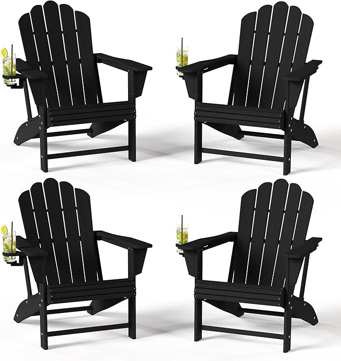 Costaelm Lakeview Outdoor Patio HDPE Adirondack Chairs with Cup Holders (Set of 4), Black
