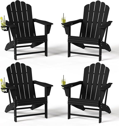 Costaelm Lakeview Outdoor Patio HDPE Adirondack Chairs with Cup Holders (Set of 4), Black