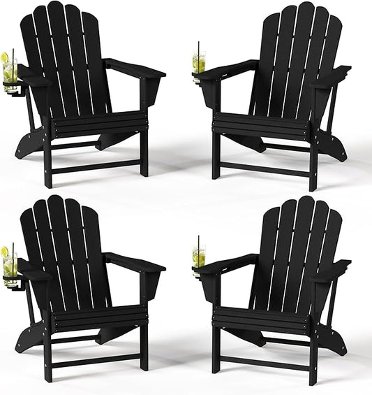 Costaelm Lakeview Outdoor Patio HDPE Adirondack Chairs with Cup Holders (Set of 4), Black