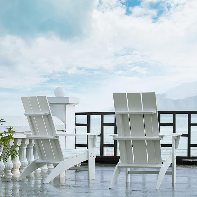 Psilvam Modern Adirondack Chair, Oversized Poly Lumber Fire Pit Chair, 350 Lbs Support Patio Chairs for Garden, Weather Resistant Adirondack Chair Looks Like Real Wood (White)