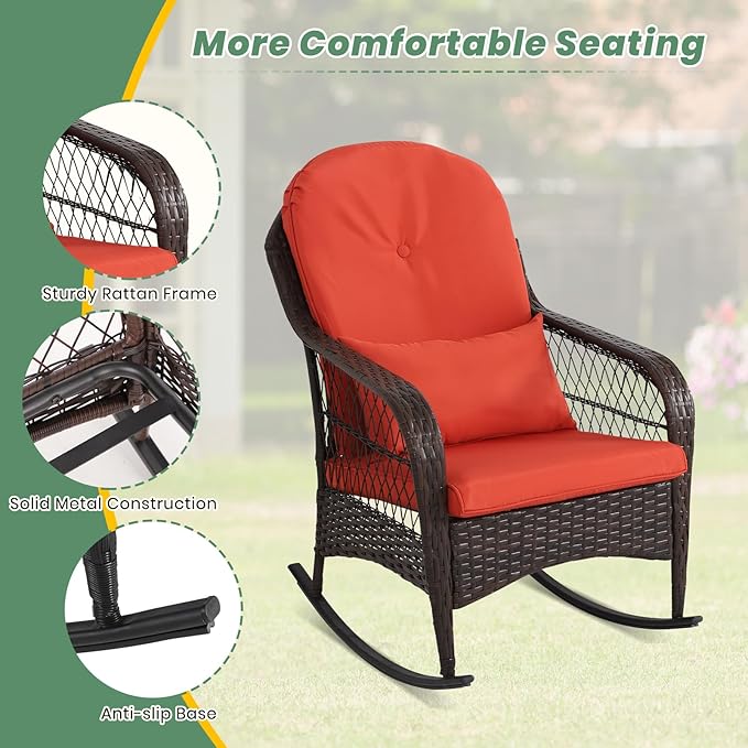 LVUYOYO Outdoor Wicker Rocking Chair, Patio Rattan Rocker Chair with Cushions, Rocking Wicker Furniture for Deck, Porch, Garden, Backyard (Orange Red)