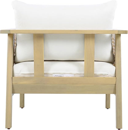 Merax Outdoor Acacia Wood Single Chair PE Wicker Club Chair Dining Chair with Waterproof Detachable Cushion, Light Teak Finish & Cream Cushion