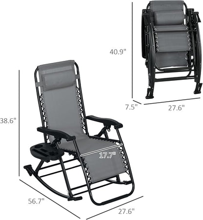 Outsunny Set of 2 Outdoor Rocking Chairs, Foldable Reclining Zero Gravity Lounge Rocker with Pillow, Cup & Phone Holder, Combo Design with Folding Legs, Gray