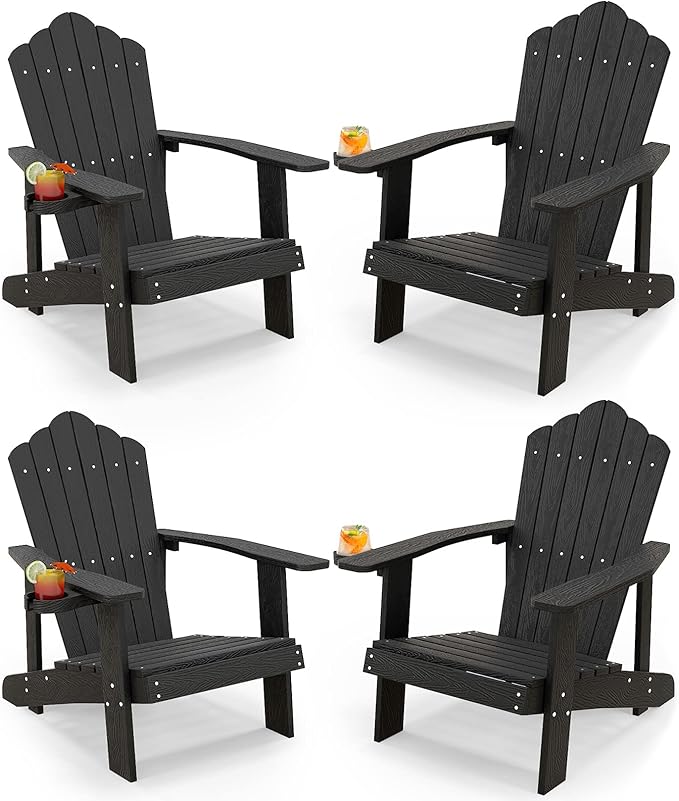Tangkula Oversized Adirondack Chair, Patio Lounge Chairs w/Adjustable Cup Holder, HIPS Armchairs Slatted Chair, Outdoor Weather Resistant Fire Pit Chair for Deck Backyard Garden Porch (4, Black)