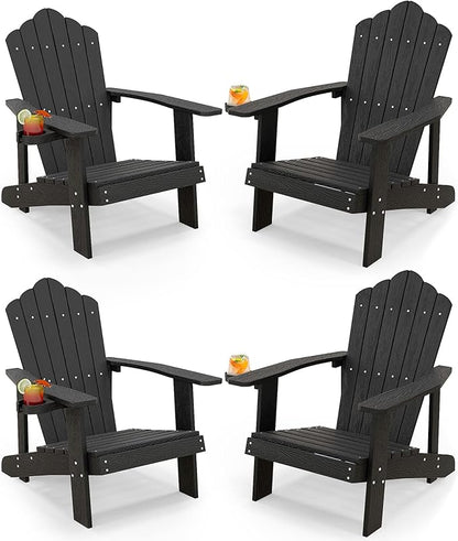 Tangkula Oversized Adirondack Chair, Patio Lounge Chairs w/Adjustable Cup Holder, HIPS Armchairs Slatted Chair, Outdoor Weather Resistant Fire Pit Chair for Deck Backyard Garden Porch (4, Black)
