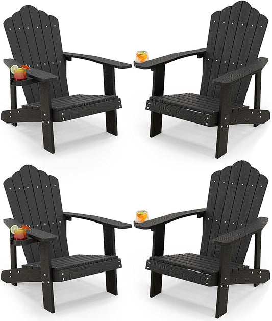 Tangkula Oversized Adirondack Chair, Patio Lounge Chairs w/Adjustable Cup Holder, HIPS Armchairs Slatted Chair, Outdoor Weather Resistant Fire Pit Chair for Deck Backyard Garden Porch (4, Black)