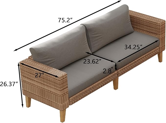 WiberWi Outdoor Couch, All Weather Patio Sofa with Acacia Wood Legs, PE Wicker Outdoor Furniture Deep Seating - Photo 2
