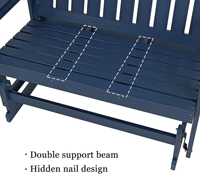 Poly Lumber Patio Glider, Durable HIPS Material, Weather-Resistant Swing Bench for Outdoor Porch Garden (Navy Blue - Photo 6