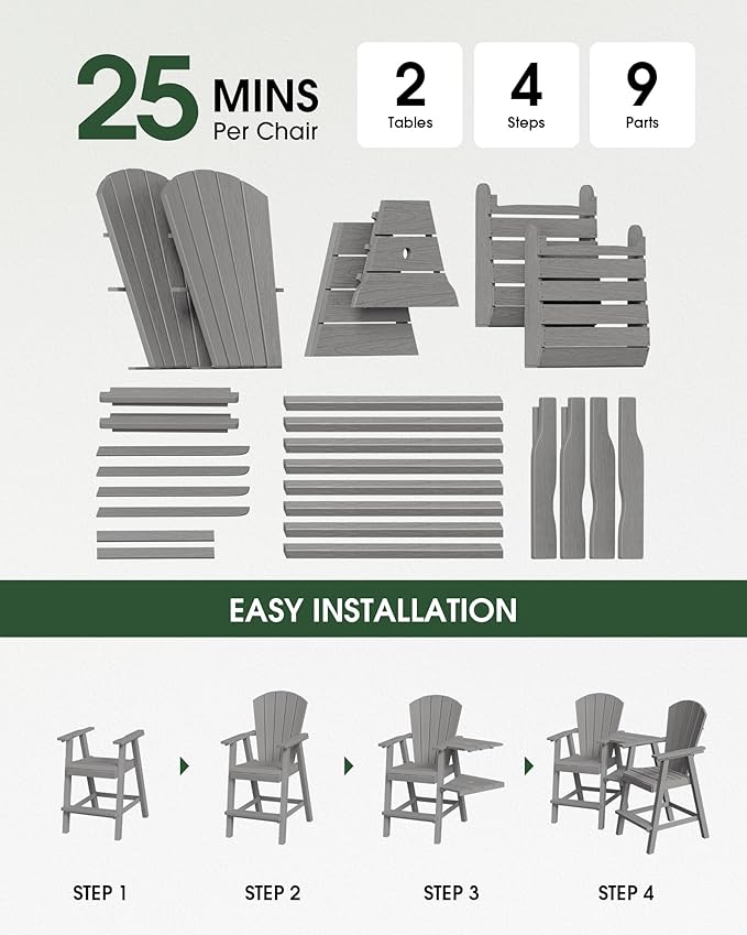 Tall Adirondack Chairs Set of 2, HDPE High Adirondack Chairs with Double Removable Trays, All Weather Outdoor Barstools for Patio, Balcony, Backyard, Deck and Garden, Grey