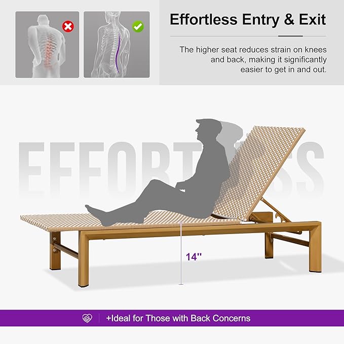 PURPLE LEAF Extra Wide Patio Chaise Lounge Set of 2 Outdoor Lounger French PE Rattan Lounge Chair with Reclining Adjustable Backrest for Pool Garden Beach and Backyard Light Brown