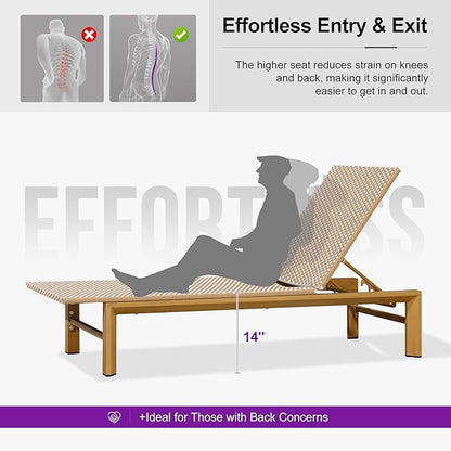 PURPLE LEAF Extra Wide Patio Chaise Lounge Set of 2 Outdoor Lounger French PE Rattan Lounge Chair with Reclining Adjustable Backrest for Pool Garden Beach and Backyard Light Brown