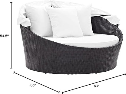Modway Convene Wicker Rattan Outdoor Patio Retractable Canopy Round Poolside Sofa Daybed in Espresso White