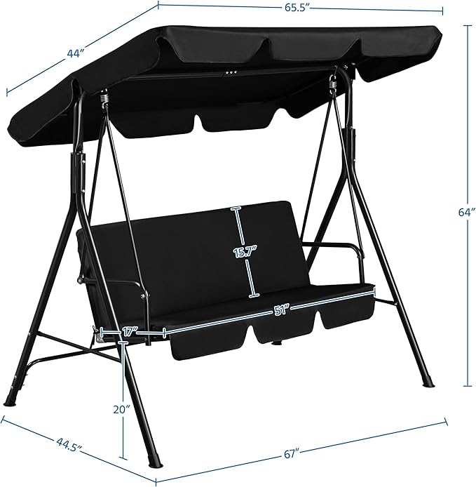 Yaheetech 3-Seat Patio Swing Chair, Outdoor Canopy Porch with Adjustable Canopy & Removable Cushion - Photo 6