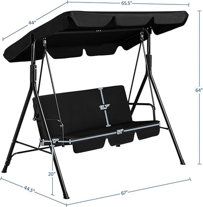 Yaheetech 3-Seat Patio Swing Chair, Outdoor Canopy Porch with Adjustable Canopy & Removable Cushion, Hanging Glider Lounge Chair for Patio, Garden, Yard, Porch - Black