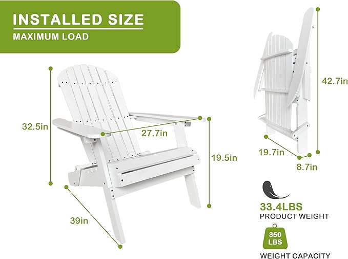 Foldable Adirondack Chairs - All-Weather Lawn & Patio Chairs with Wide Armrests, Solid Wood, 350 Lbs, White - Photo 2
