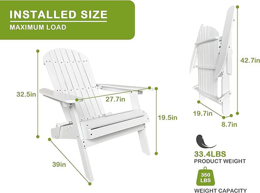 Foldable Adirondack Chairs - All-Weather Lawn & Patio Chairs with Wide Armrests, Solid Wood, 350 Lbs, White