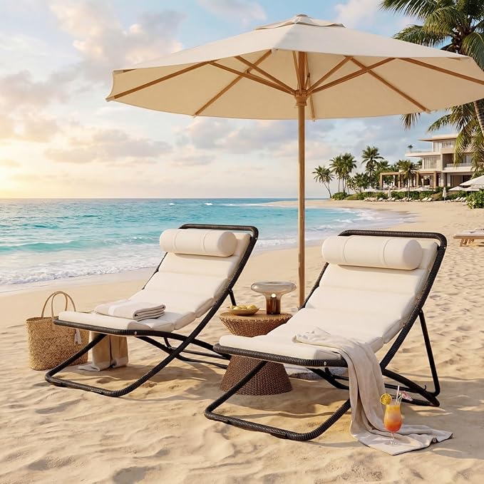 Outdoor Chaise Lounge Chair Set of 2, Patio Chaise Lounge Recliner, Poolside Chaise Lounge with Thick All-Weather Cushions for Patio, Deck and Backyard(D)
