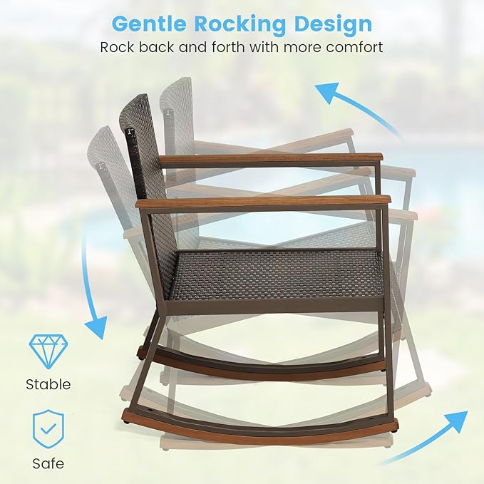 HAPPYGRILL 3 Pieces Rocking Bistro Set, Outdoor PE Wicker Rocking Chair with Coffee Table, Soft Seat Cushions Included - Photo 5