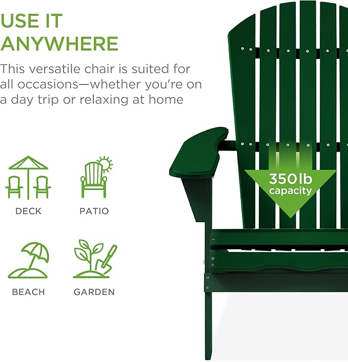 Best Choice Products Folding Adirondack Chair Outdoor Wooden Accent Furniture Fire Pit Lounge Chairs for Yard, Garden, Patio w/ 350lb Weight Capacity - Deep Green