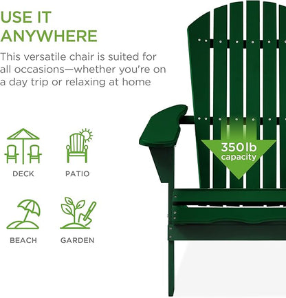 Best Choice Products Folding Adirondack Chair Outdoor Wooden Accent Furniture Fire Pit Lounge Chairs for Yard, Garden, Patio w/ 350lb Weight Capacity - Deep Green