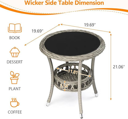 VINGLI Outdoor Wicker Side Table, Patio Side Tables for Outside Tempered Glass Top Wicker Table with Storage End Table for Balcony Porch Deck (Grey)