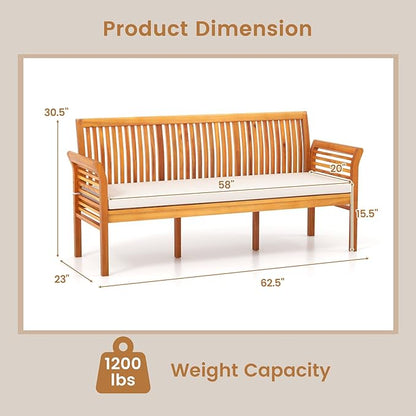 HAPPYGRILL 3-Person Outdoor Bench Acacia Wood Porch Bench, Garden Bench with High Backrest, Curved Armrests & Seat Cushion for Backyard Deck Patio Poolside