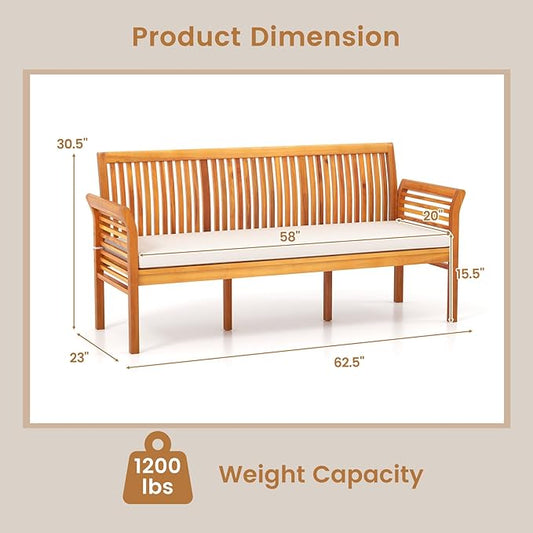 HAPPYGRILL 3-Person Outdoor Bench Acacia Wood Porch Bench, Garden Bench with High Backrest, Curved Armrests & Seat Cushion for Backyard Deck Patio Poolside