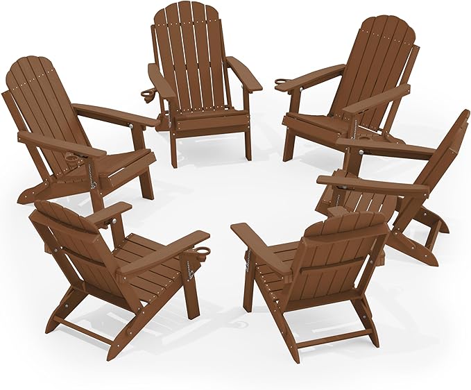 YEFU Adirondack Chairs Set of 6 for Patio: Folding Plastic Fire Pit Chair with Cup Holders & Adjustable Backrest - Sturdy All-Weather HDPE for Outdoor Pool Lawn - Easy Assembly(Teak)