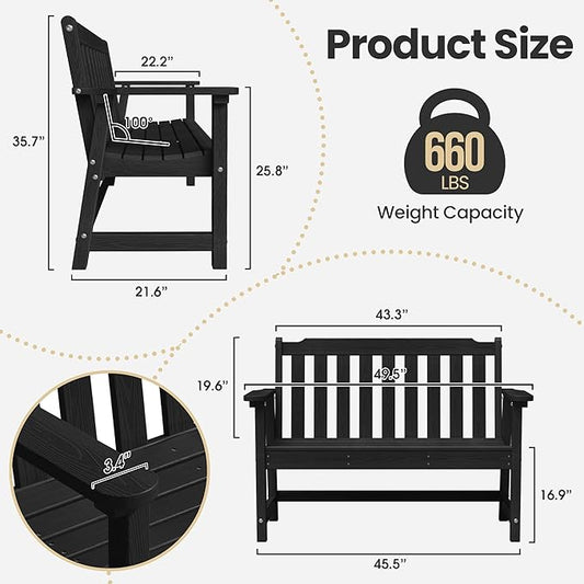 Ciokea 49" Heavy Duty Outdoor Bench, HDPE Weatherproof Porch Benches, Durable 2-Person Garden Benches with 660 Lbs, Waterproof Patio Bench for Outside Balcony Deck Backyard, Black