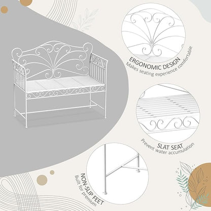 45in Cast Iron Classic Garden Bench Cream White Finish Durable Rust Resistant Weatherproof Heavy Duty Premium Construction