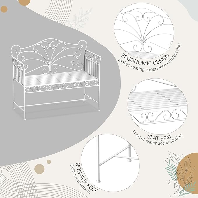 White Metal Outdoor Bench for Garden, Patio & Porch