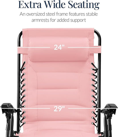 Best Choice Products Oversized Padded Zero Gravity Chair, Folding Outdoor Patio Recliner, XL Anti Gravity Lounger for Backyard w/Headrest, Cup Holder, Side Tray, Polyester Mesh - Bubblegum Pink