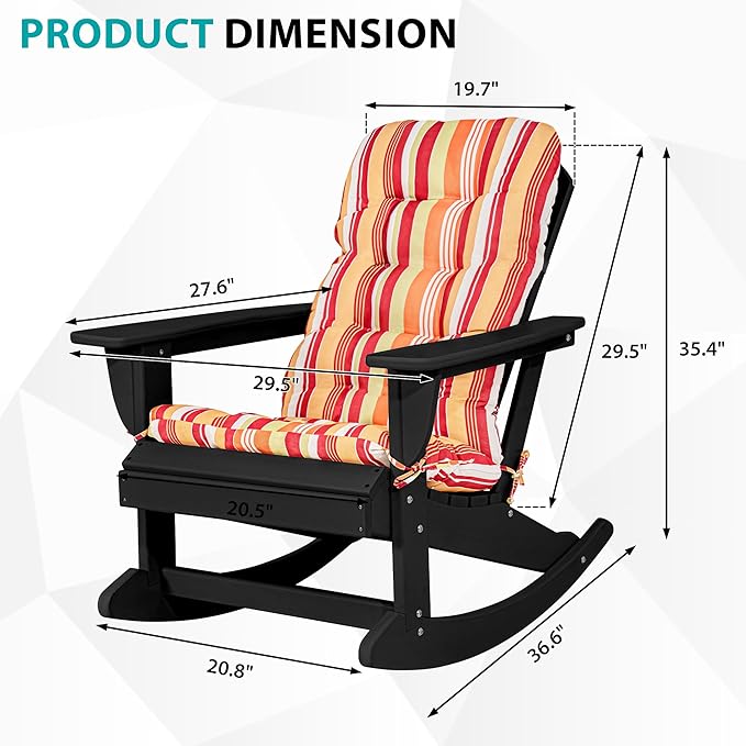 Sundale Outdoor Adirondack Rocking Chair with Cushion Set of 2, Patio Plastic All Weather HDPE Rocker for Proch, Water Resistant for Outside, Garden, Pool, Yard, Black