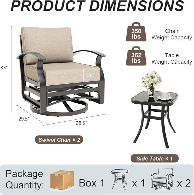 Gotland 3 Piece Patio Set, Metal Outdoor Swivel Chairs Set of 2 with 5.1’’ High-Resilience Seat Cushions Tempered Glass - Photo 2