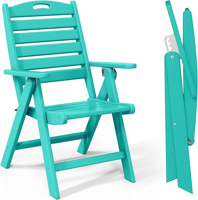 Costaelm Outdoor Adjustable Highback Folding Patio Dining Chair, HDPE Armrest Poly Lumber Restaurant Bistro Dining Chair for Outside Porch Backyard Garden, Turquoise