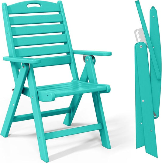 Costaelm Outdoor Adjustable Highback Folding Patio Dining Chair, HDPE Armrest Poly Lumber Restaurant Bistro Dining Chair for Outside Porch Backyard Garden, Turquoise