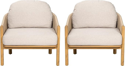 Christopher Knight Home Grotta Acacia Wood Patio Accent Chair Set of 2, Wooden Lounge Chair Outdoor, Outdoor Barrel Chair with Rope Weave+Removable Cushion, Curved Backrest Lounge Sofa, Beige+Teak