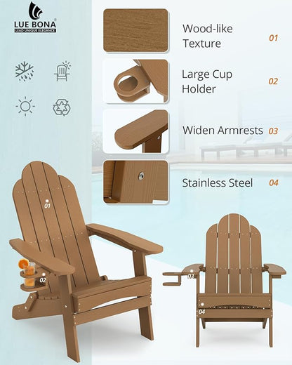 LUE BONA Folding Adirondack Chair, Chairs Set of 4, Cup Holder, Woodgrain, Fire Pit, Patio, Pool, Brown