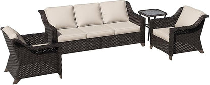 4 Pieces Patio Conversation Furniture Set - 1 Sofa, 2 Armchairs, 1 Side Table, Outdoor Wicker Furniture with Removable Cushions for Porch, Balcony, Sunroom (Beige)