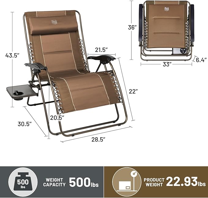 TIMBER RIDGE Oversized Zero Gravity Chair, 33In Wide XXL Zero Gravity Reclining Chair with Side Table, Full Padded Lounge Chair for Outdoor Camping Patio Lawn, Heavy Duty Supports 500lbs, Brown-2 Pack