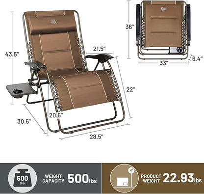 TIMBER RIDGE Oversized Zero Gravity Chair, 33In Wide XXL Zero Gravity Reclining Chair with Side Table, Full Padded Lounge Chair for Outdoor Camping Patio Lawn, Heavy Duty Supports 500lbs, Brown-2 Pack