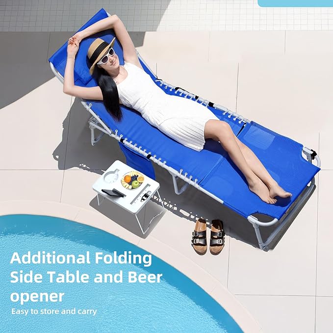 3-in-1 Sun Tanning Chair with Face Holes, Breathable Chaise Lounge Chair Outdoor, 5-Position Recliner, Lay Flat, Folding Side Table, Removable Pillow, Max 330lbs, Beach, Patio, Camping, Blue